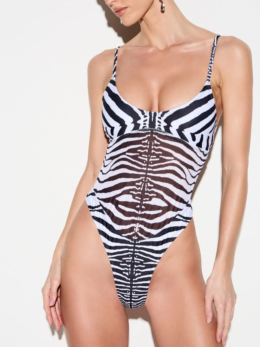 KIZN 斑马纹连体泳衣，深V领口，交叉露背肩带，适合夏季海滩度假 - 黑與白 - 查看 1
