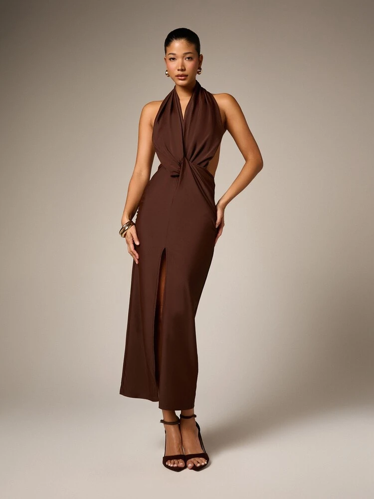 Brown Halter Neck Draped Front Maxi Dress With Front Slit