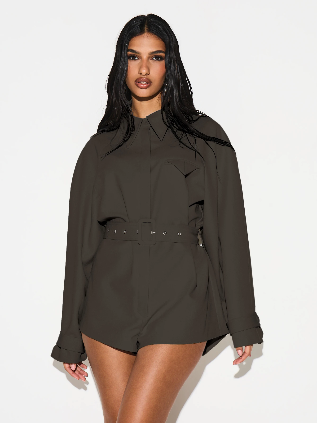 KIZN Belted Shirt Playsuit With Neck Tie