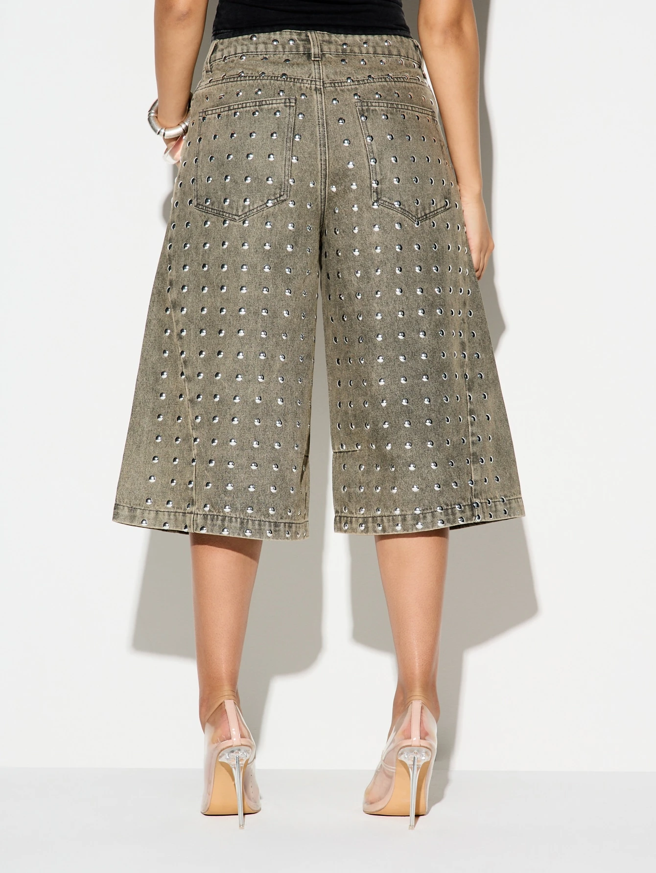 KIZN Studded Wide Leg Denim Culottes With Metal Details