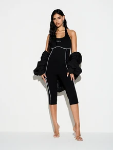 KIZN Halter Neck Capri Length Athletic Jumpsuit With White Contrast Piping Detail For Active Wear And Fitness Training - Black - View 4