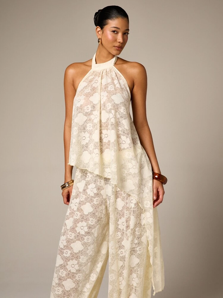 Lace Balloon Hem Wide Leg Palazzo Pants