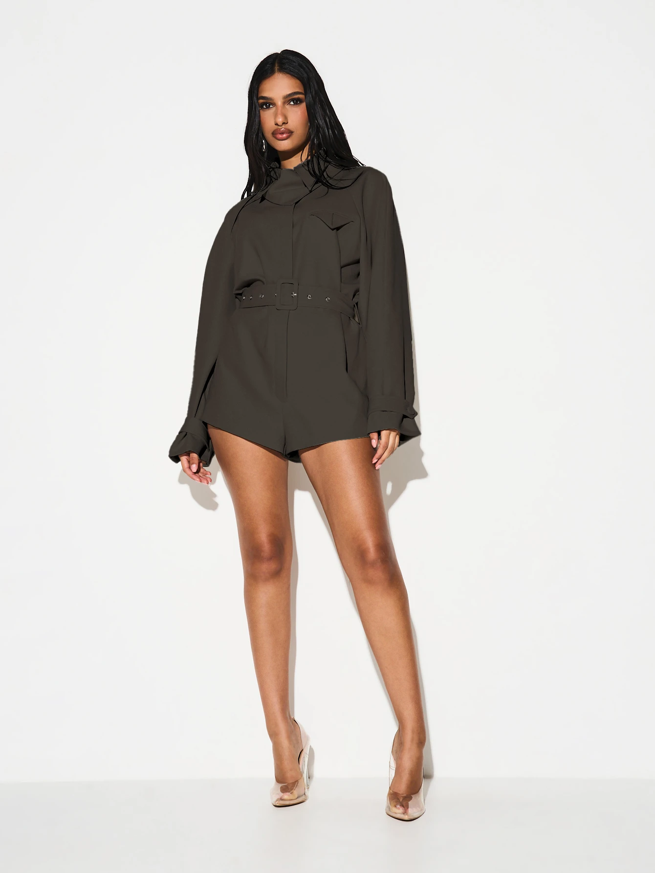 KIZN Belted Shirt Playsuit With Neck Tie