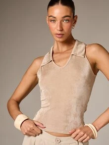 AiiRZ Áo tank top không tay cổ bẻ dành cho nữ, cổ chữ V, chất liệu vải dệt kim gân, hoàn hảo cho trang phục thường ngày mùa hè. - Màu Khaki - Xem 5