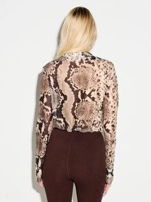 KIZN Snake Print Cowl Neck Long Sleeve Draped Blouse With Deep Neckline For Women Fall Winter Fashion Statement Top - Brown - View 2