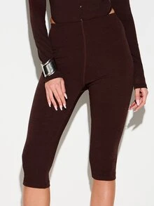 KIZN Women's Fitted High Rise Capri Leggings With Button Front Detail Brown Fall Casual Stretch Pants - Coffee Brown - View 1