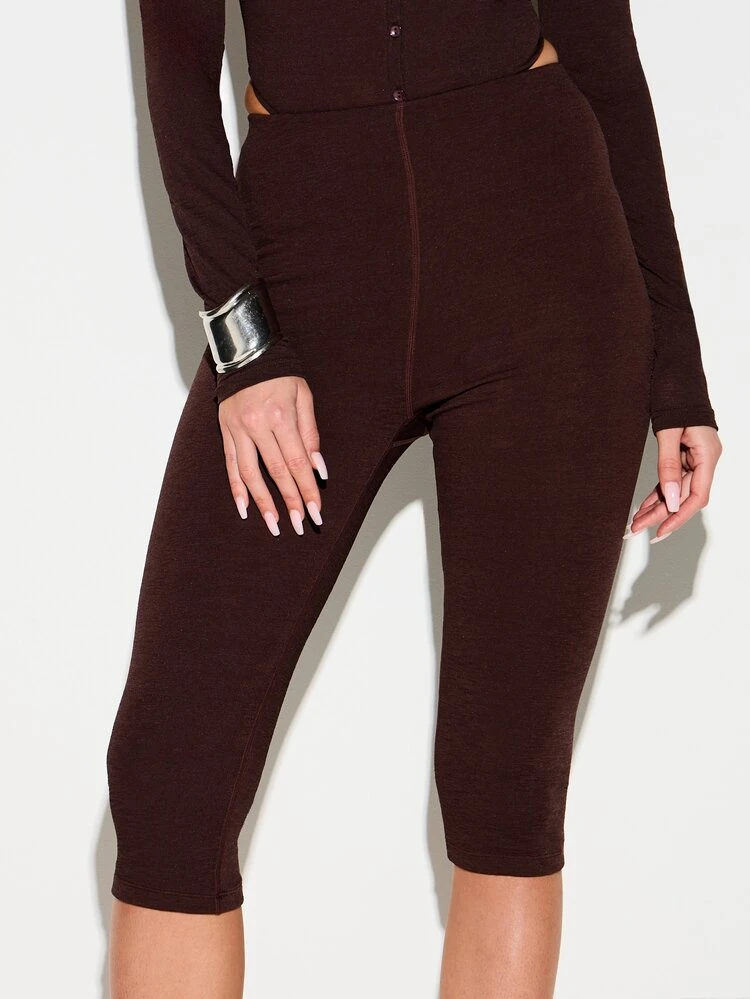 KIZN Brown Fitted Capri Leggings With Button Front
