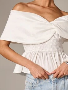 AiiRZ Off Shoulder Peplum Blouse With Ruffle Detail And Smocked Waist For Casual Feminine Style - White - View 5