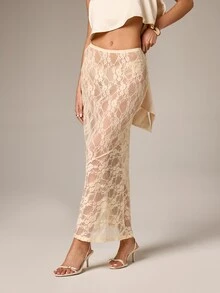 AiiRZ Women's Elegant Cream Lace Maxi Skirt With Intricate Floral Pattern And Semi Sheer Fabric For Special Occasions Evening Wear - Apricot - View 1