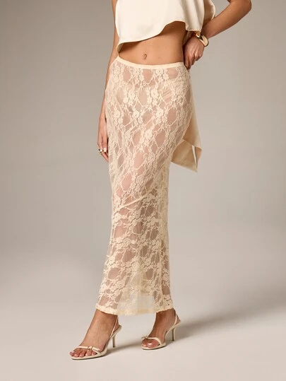 AiiRZ Women's Elegant Cream Lace Maxi Skirt With Intricate Floral Pattern And Semi Sheer Fabric For Special Occasions Evening Wear