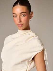 AiiRZ Women's Asymmetric Draped Mock Neck Sleeveless Top With Tie Detail And Ruched Side Design For Casual Summer - Apricot - View 2