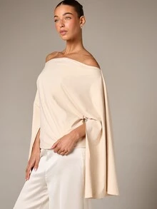 AiiRZ Women's Off-Shoulder Wide Sleeve Slash Neck Top With Flowing Draped Silhouette And Versatile Layering Style For Fall Winter Fashion - Apricot - View 5