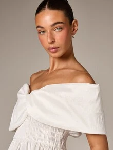 AiiRZ Off Shoulder Peplum Blouse With Ruffle Detail And Smocked Waist For Casual Feminine Style - White - View 2