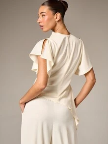 AiiRZ Cream Draped Neck Ruffle Sleeve Peplum Blouse With Tie Waist Detail For Spring Summer Elegant Office Wear - Apricot - View 3