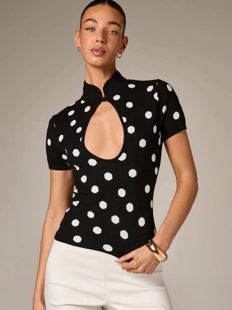 Polka Dot Knit Top With Keyhole Cut Out