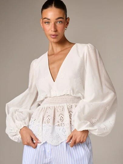 AiiRZ Women's Elegant Eyelet Broderie Blouse With Puff Sleeves Peplum Hem Smocked Waist V-Neck Summer Top