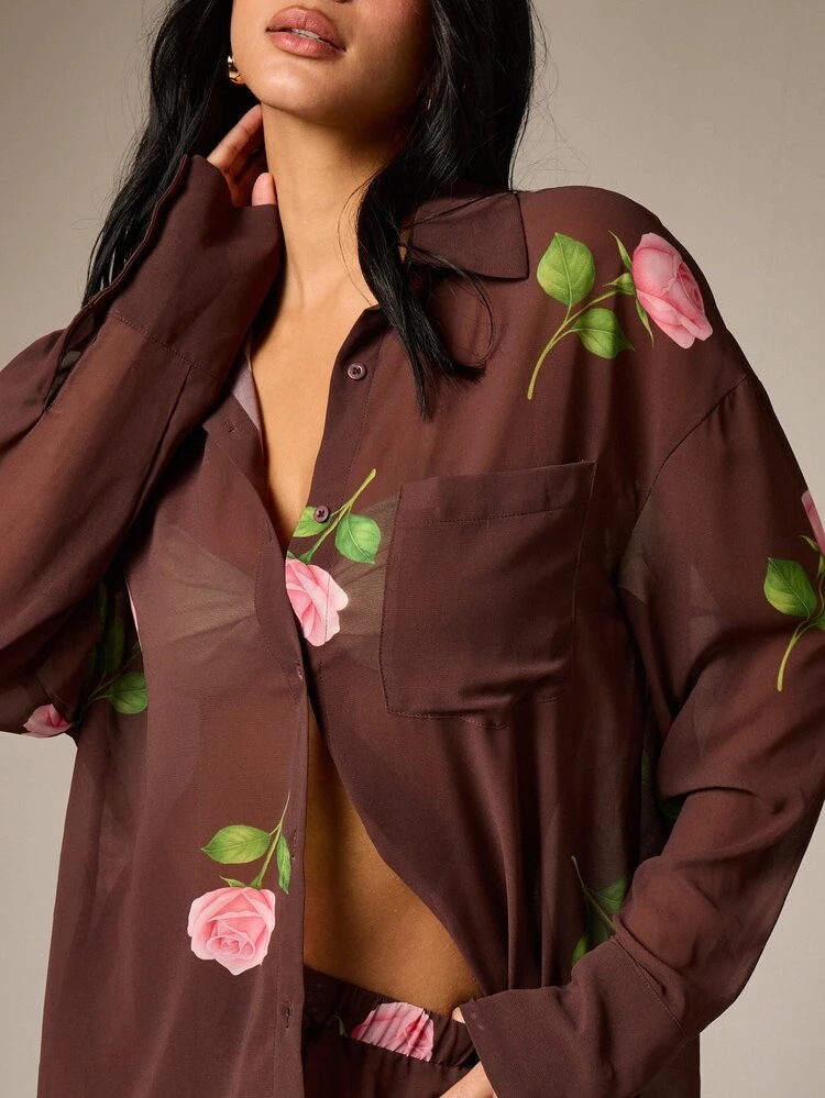 Floral Chiffon Button Down Blouse