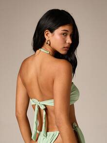 AiiRZ Women's Sage Bandeau Twist Front Bikini Set With Tie Side Bottom And Halter Neck Strap For Summer Beach Vacation - Green - View 2