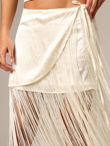 AiiRZ Chân váy ngắn quấn họa tiết hoa cho nữ, có tua rua dài và thắt eo, phong cách boho chic, thích hợp cho mùa xuân hè, đi biển, lễ hội, tiệc tùng. - Màu be - Xem 4