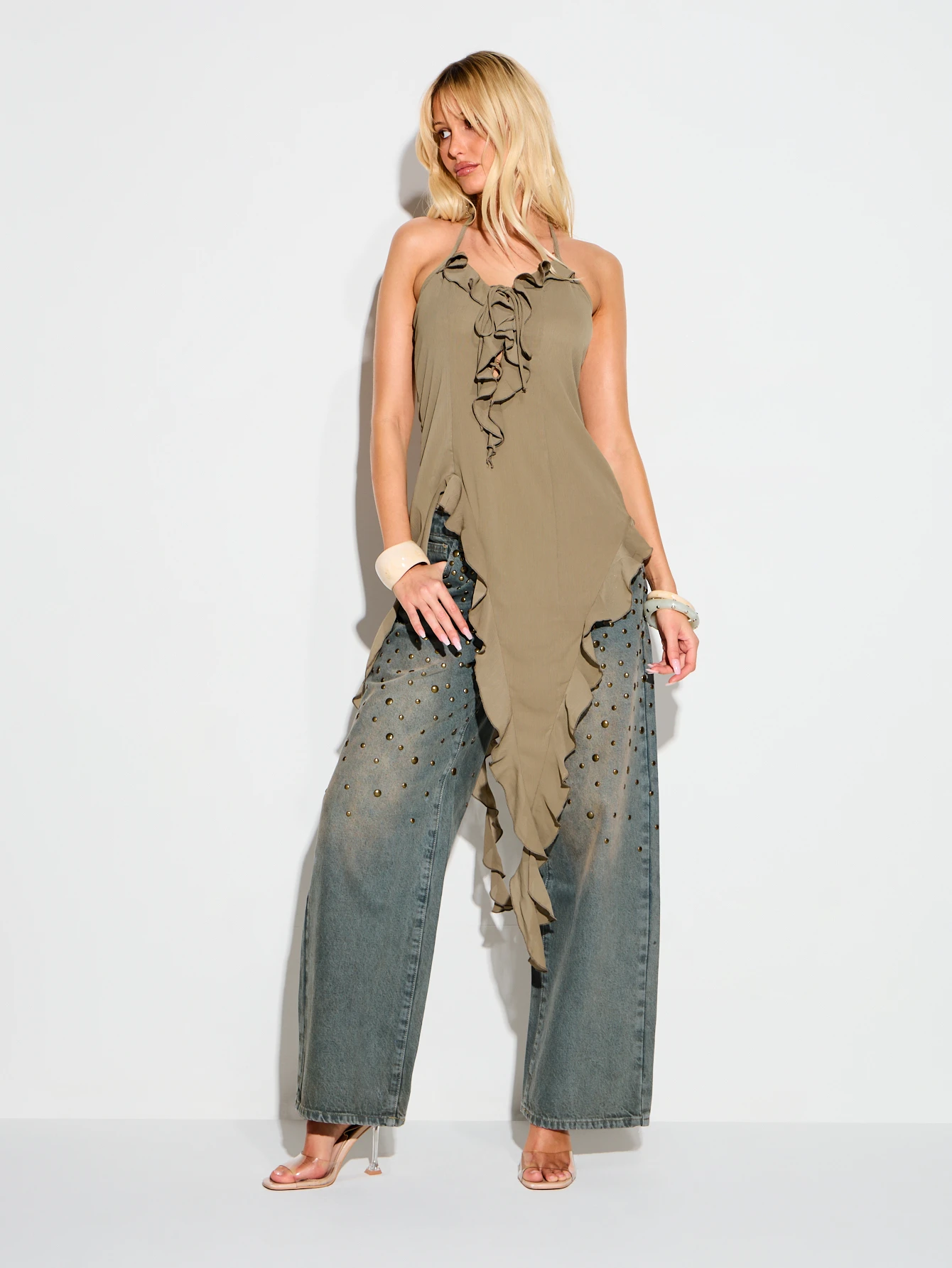 KIZN ラッフルホルターシフォンロングラインタンク