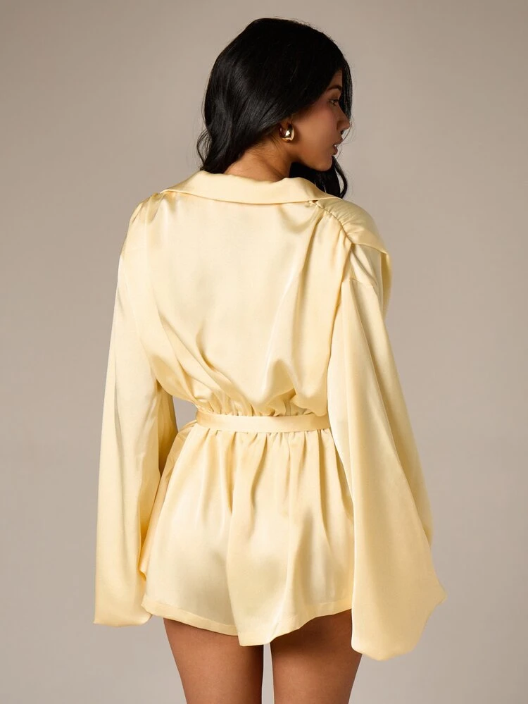 Satin Balloon Sleeve Playsuit With Belt