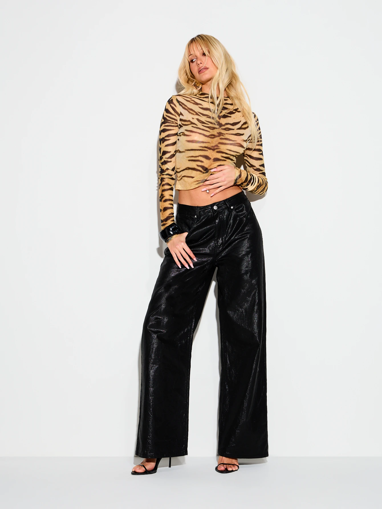 KIZN Tiger Print Mesh Long Sleeve Crop Top