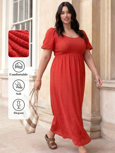  ELLERISSA Plus Size Elegant Summer Maxi Dress For Women, Red Business Casual Textured Stretch Comfort Dress, Valentines Dress, Weekend Outfit, Formal Midi/Maxi Dress For Spring And Summer, Vacation Dress, Wedding Guest Outfit