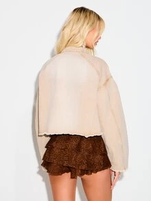 KIZN Women's Washed Cropped Denim Bomber Jacket With Zip Front Closure Distressed Raw Hem Fall Winter Outerwear Casual Streetwear - Apricot - View 2