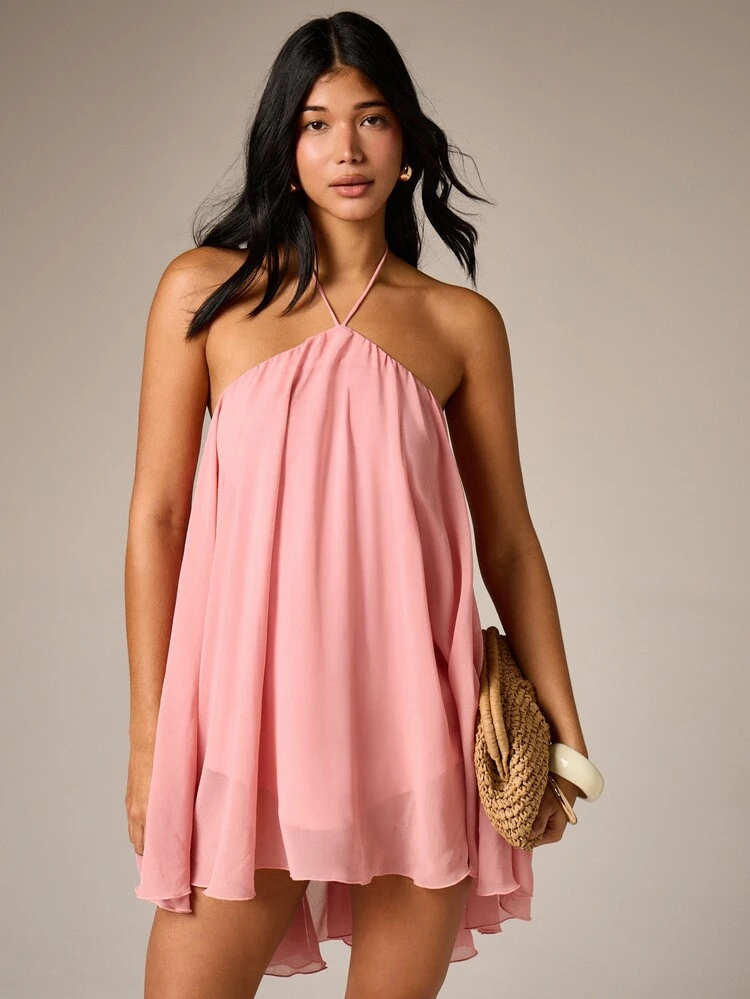 여성용 홀터넥 플로티 미니 드레스, 여름 백리스 시폰 A라인 파티 이브닝 민소매 플레어 숏 드레스, 여성스러운 스타일