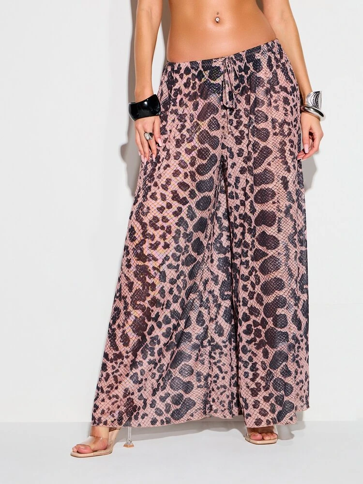 KIZN Women's Pink Snake Print Wide Leg Palazzo Pants High Rise Casual Summer Flowy Drawstring Waist Bohemian Beach Vacation Trousers