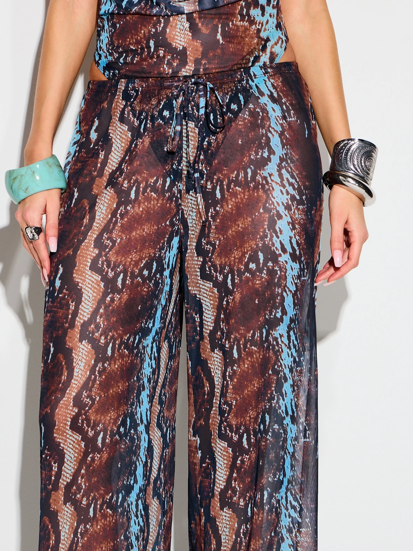 KIZN Snake Print Mesh Wide Leg Trousers