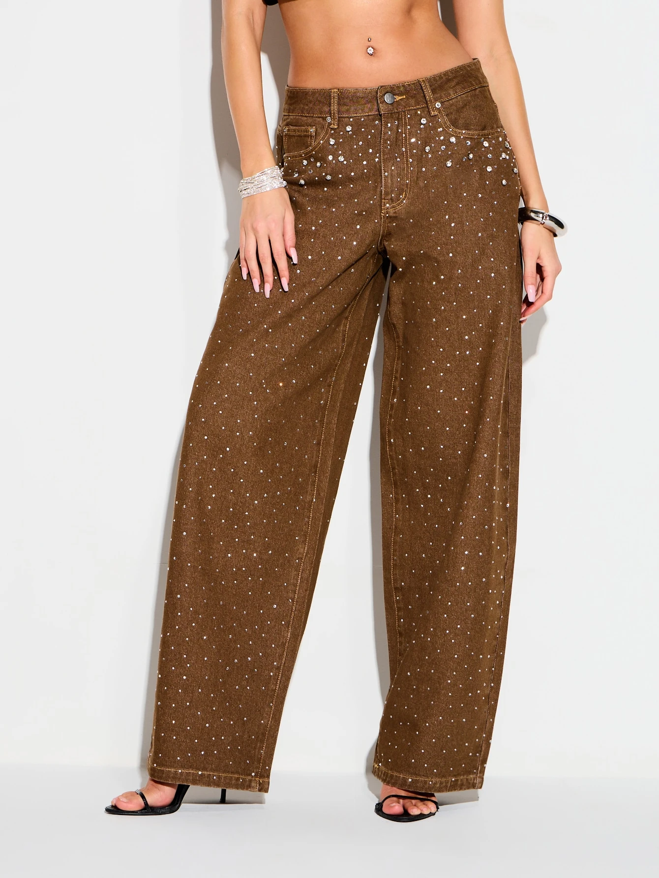 KIZN Jean large marron à strass