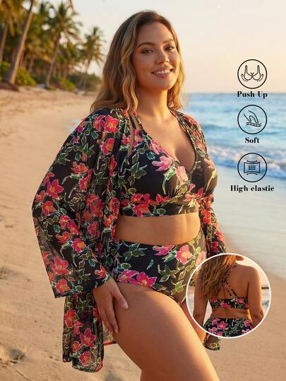  ELLERISSA Plus Size Elegant Swim Curve 2Pcs/Set For Plus Size Women Floral Print Adjustable Spaghetti Strap Swimwear, Vacation Outfit, Summer Beach, Curve Swimwear, Loving Summer Swimwear, Bathing Suits For Women