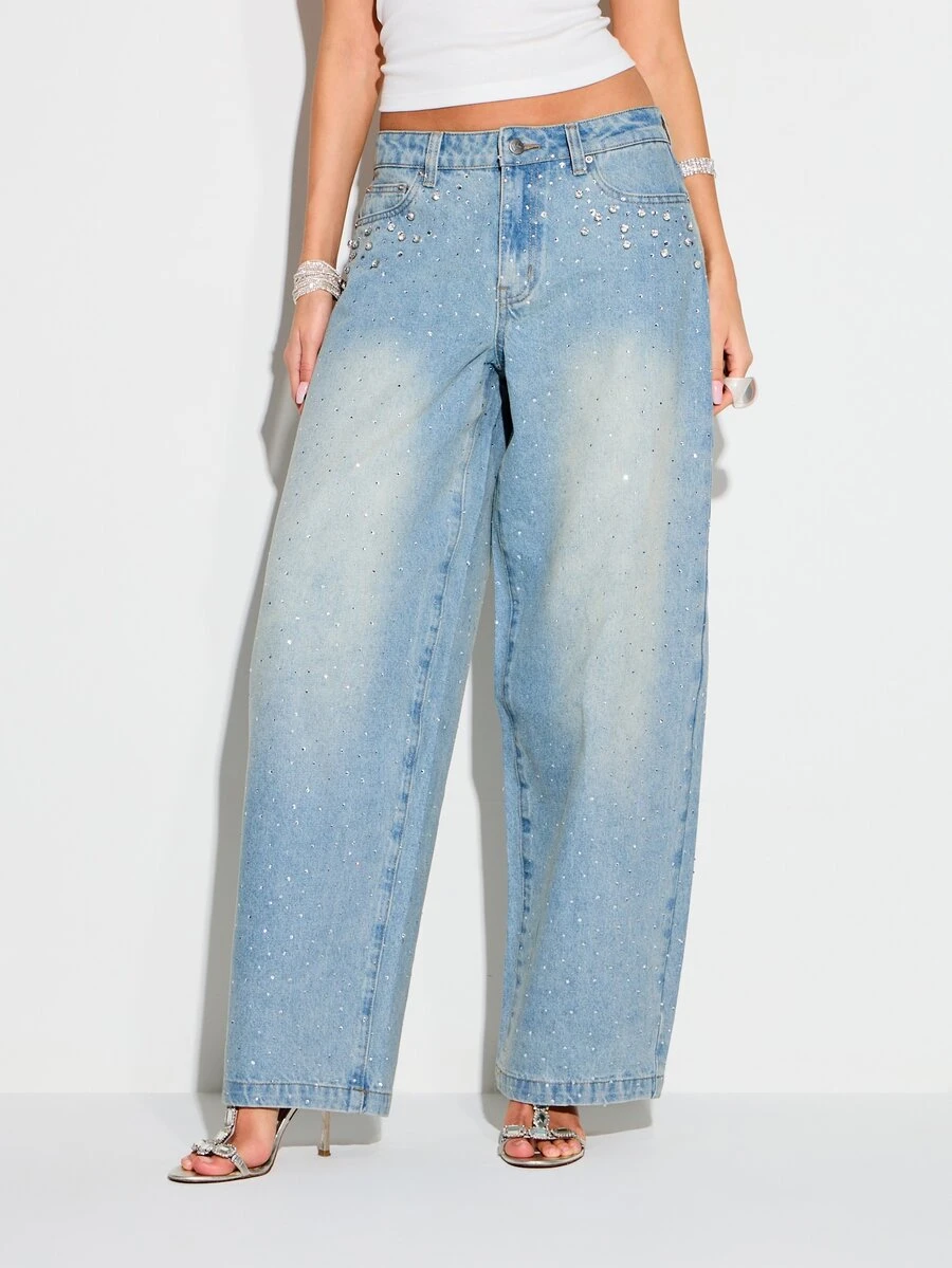 KIZN Women's Diamante Embellished Light Wash Wide Leg High Rise Palazzo Jeans With Rhinestone Details For Spring Summer - Blue - View 1