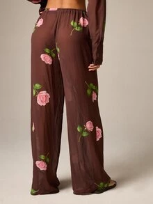AiiRZ 女士雪纺玫瑰印花阔腿裤 高腰抽绳休闲夏季花卉长裤 飘逸轻盈沙滩度假波西米亚风 - 摩卡棕 - 查看 2