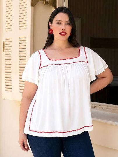 ELLERISSA Plus Size Summer White Vacation Top With Trim Detail, Elegant Flutter Sleeve Top, Square Neck Workwear Top With Loose Waist, Valentines Date Top, Elegant Workwear Top, Summer Outfit For Women, Loving Summer Top