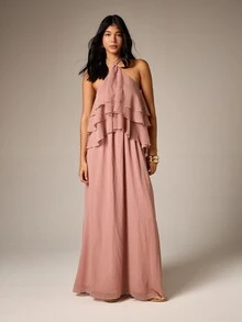 AiiRZ Vestido maxi elegante de fiesta de verano para invitada de boda, con cuello halter, volantes escalonados, sin mangas y longitud hasta el suelo, con silueta en línea A y fluida - Rosa vieja - Ver 1