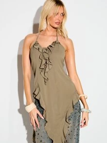 KIZN Áo tank top dài tay không tay dáng suông mùa hè cho nữ, cổ yếm xếp nếp, chất liệu chiffon, có chi tiết buộc dây, kiểu dáng thanh lịch thường ngày. - màu xanh lá - Xem 3