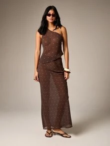AiiRZ Women's Chiffon One Shoulder Asymmetric Top With Polka Dot Pattern Semi Sheer Blouse For Date Night Party - Brown - View 3