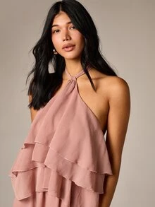 AiiRZ Vestido maxi elegante de fiesta de verano para invitada de boda, con cuello halter, volantes escalonados, sin mangas y longitud hasta el suelo, con silueta en línea A y fluida - Rosa vieja - Ver 5