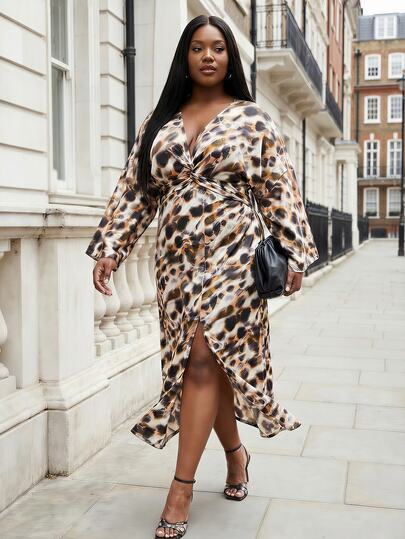  ELLERISSA Plus Size Animal Print Midi Dress, Twist Front Waist Cinching Dress, Valentines Day Outfit, Wedding Day Outfit, Elegant Midi Dress, Summer Vacation Dress