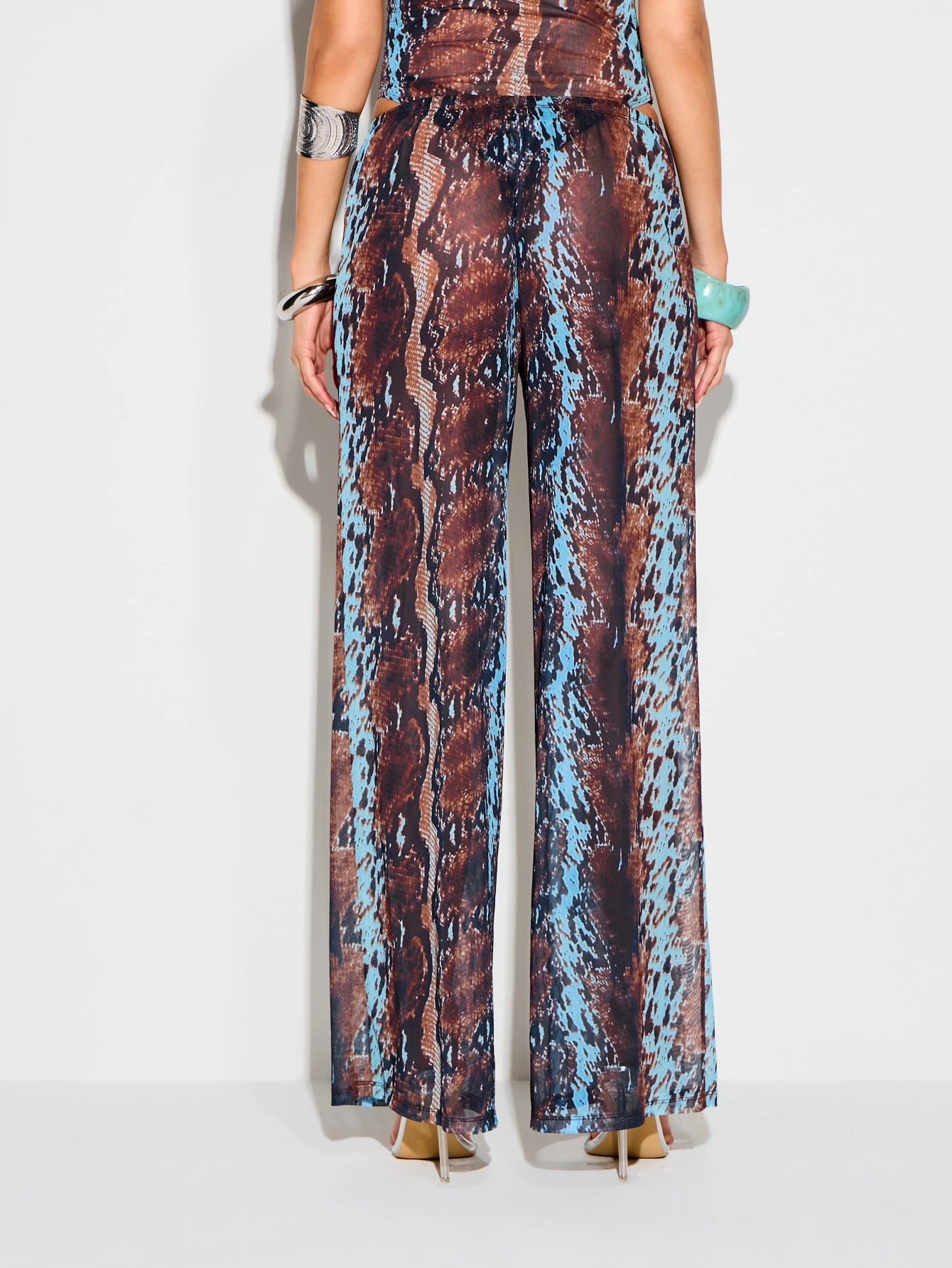 KIZN Snake Print Mesh Wide Leg Trousers