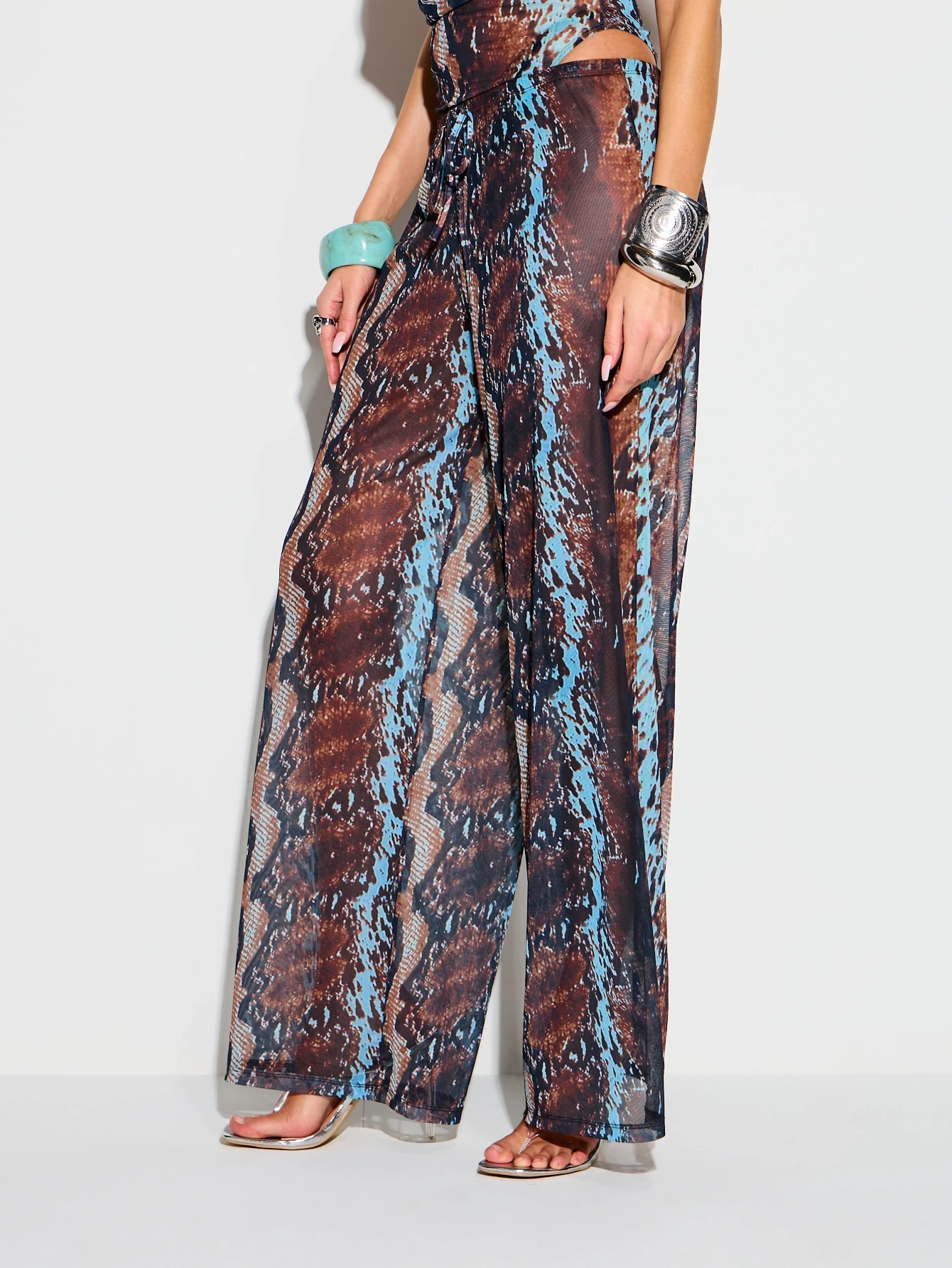 KIZN Snake Print Mesh Wide Leg Trousers