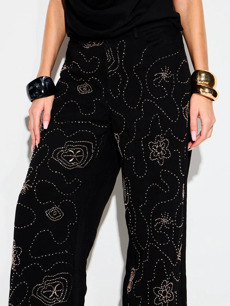 KIZN Women Black Wide Leg Palazzo Pants With Gold Beaded Celestial Pattern High Waisted Flowy Trousers Evening Occasion Formal