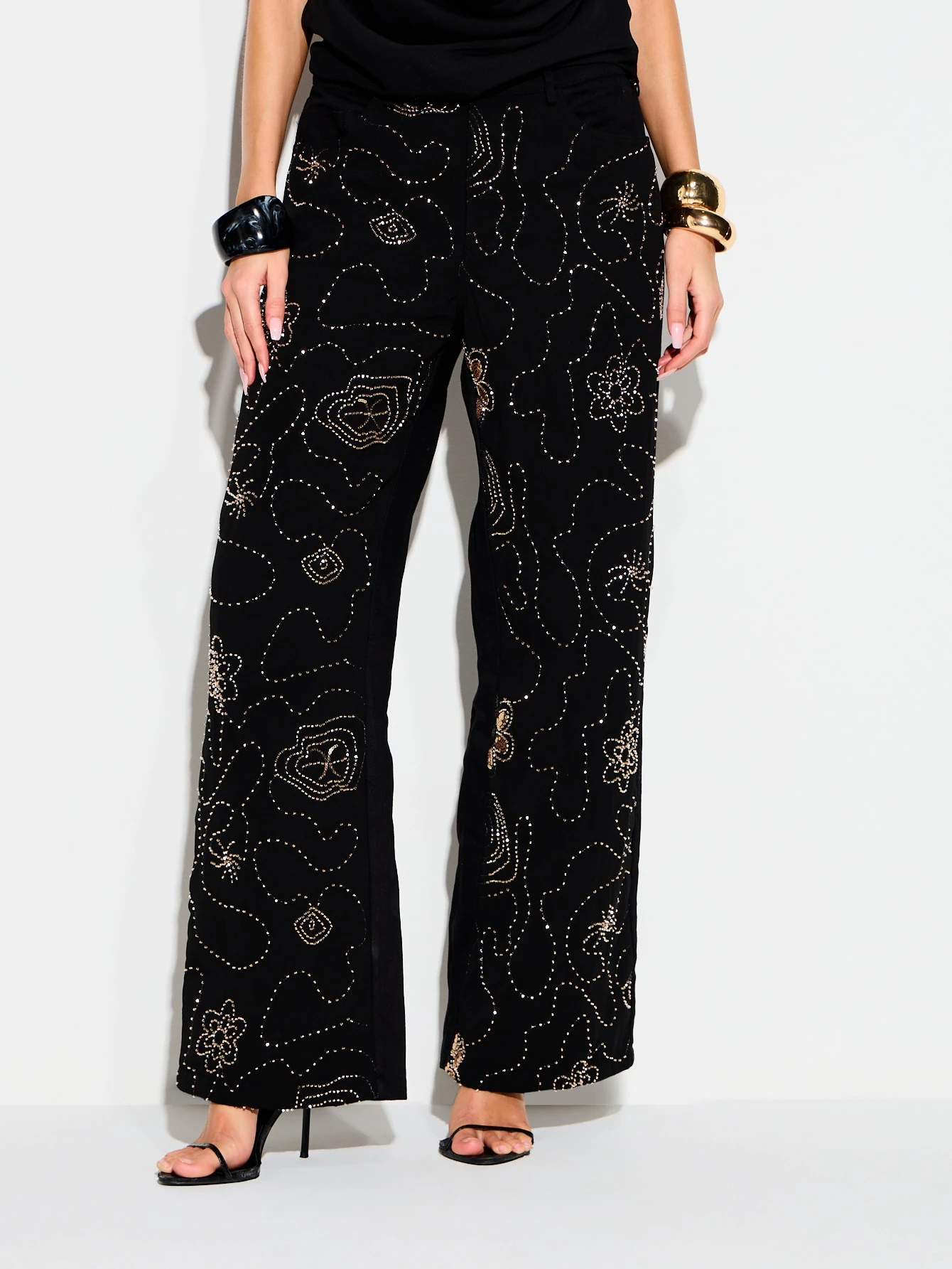 KIZN 블랙 비즈 장식 와이드 레그 팔라초 팬츠