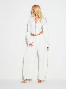 KIZN Women's White Denim Zip Front Shirt With Metal Stud Detailing Long Sleeve Button Down Collared Top - White - View 3