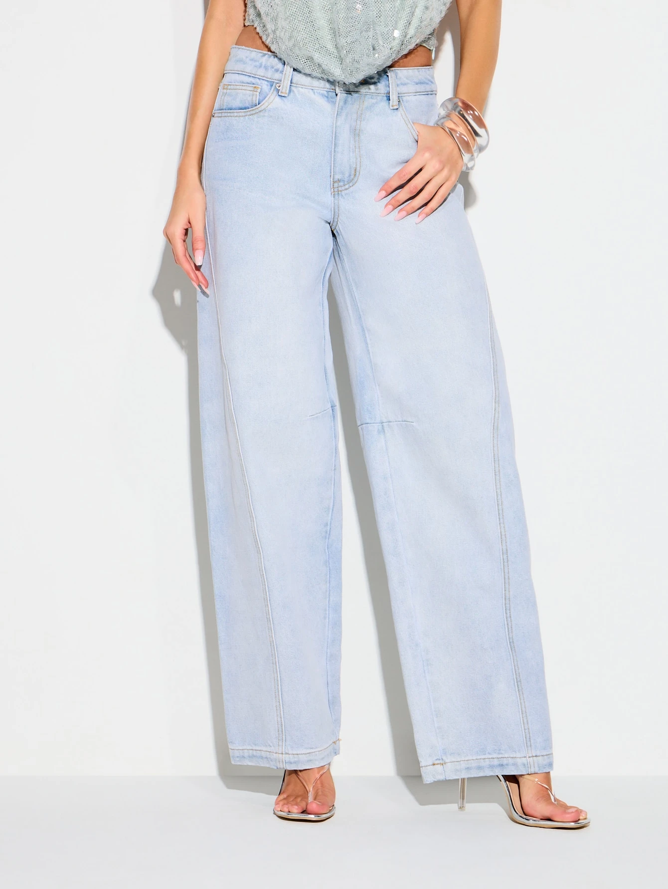 KIZN 라이트 워싱 와이드 레그 팔라초 진