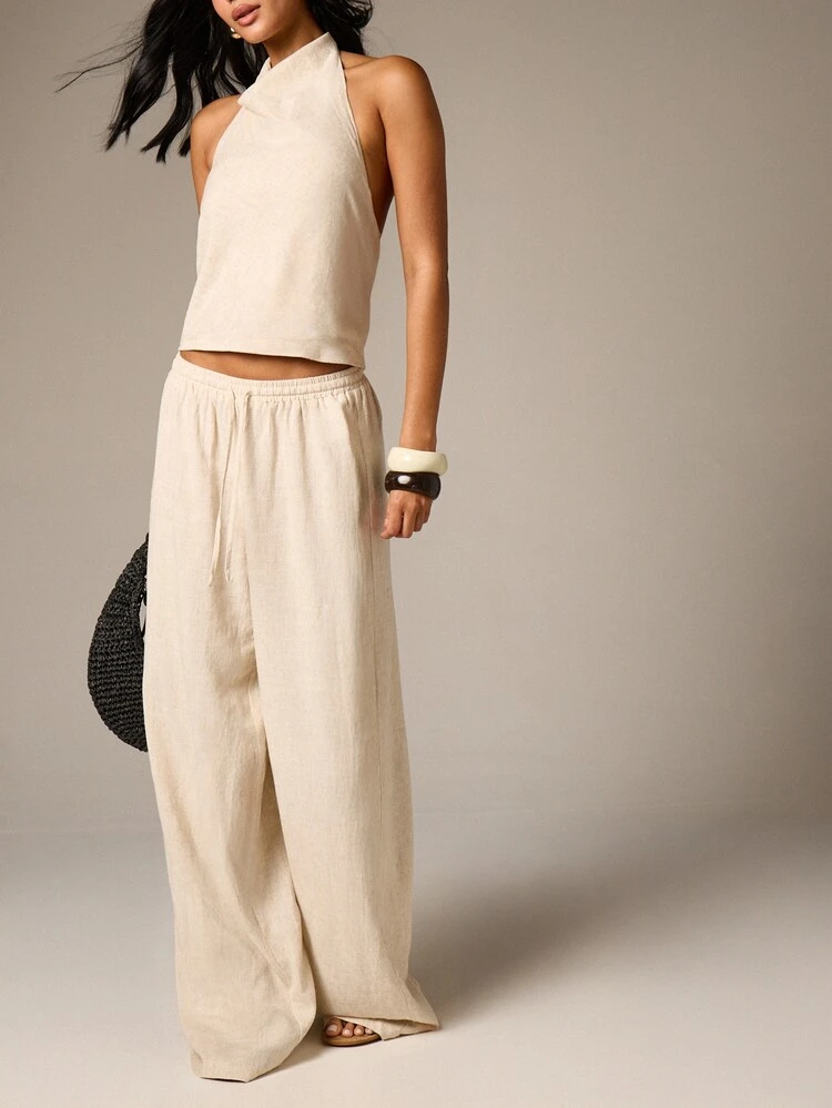 Linen Wide Leg Drawstring Palazzo Pants