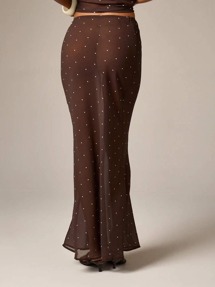 Chiffon Polka Dot Maxi Skirt With Side Split