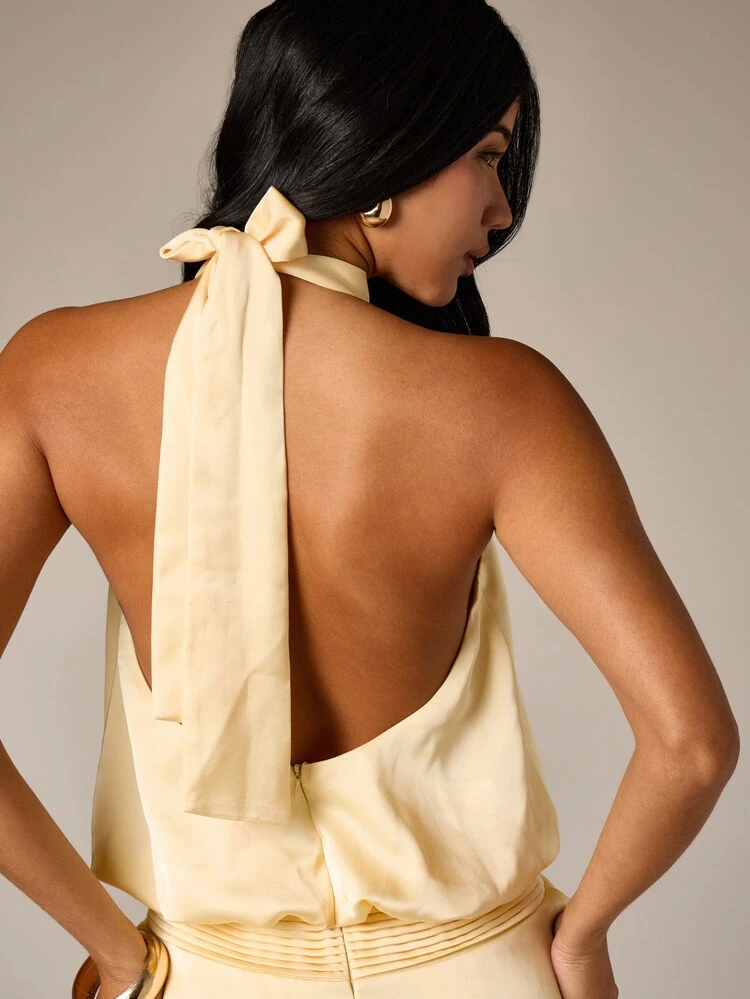 AiiRZ Women's Halter Neck Ruffle Hem Mini Dress Summer Sleeveless Backless Tie Detail Yellow Chiffon A-Line Party Dress